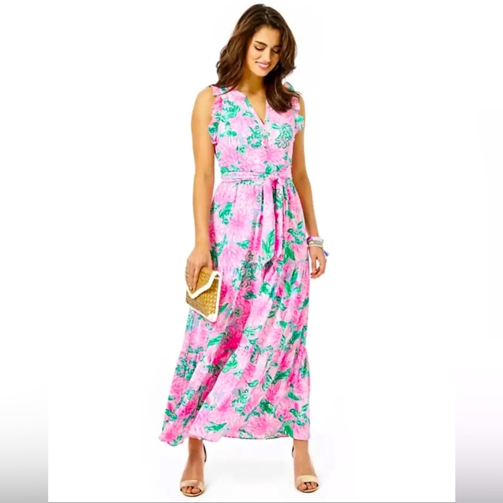 NWT Lilly Pulitzer Womens Destini Maxi Dress (Pink Blossom Try Your Zest) 10